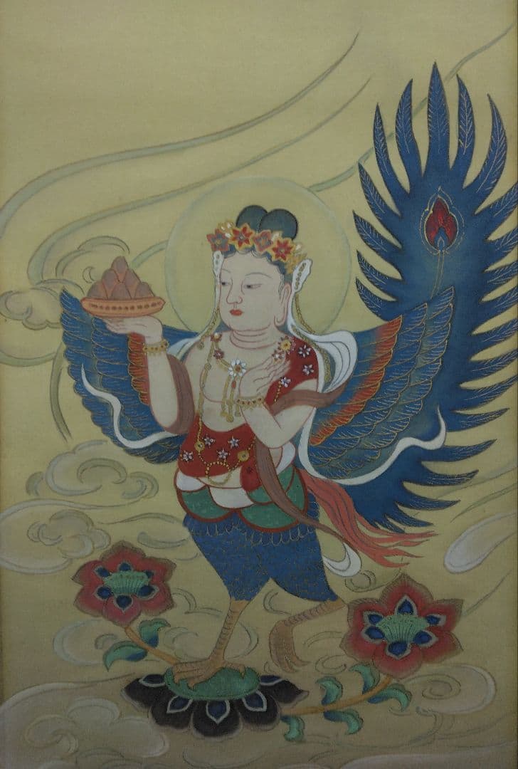 迦陵頻伽　仏画　絹本　掛軸【半鳥人】（阿弥陀経・共命鳥・極楽浄土） 迦陵頻伽 仏画 絹本 掛軸【半鳥人】（阿弥陀経・共命鳥・極楽浄土）