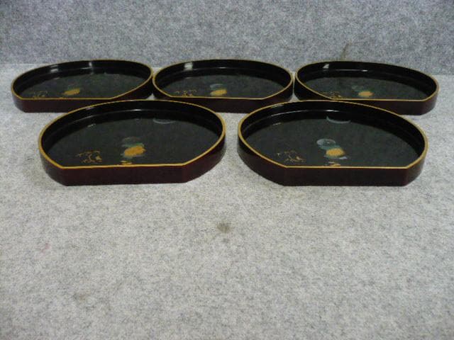 蒔絵 たけのこ掘り 半月盆 5枚 [B31441]