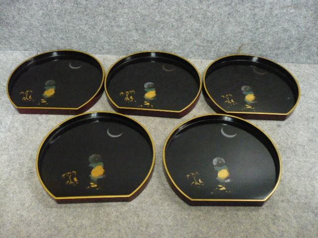 蒔絵 たけのこ掘り 半月盆 5枚 [B31441]