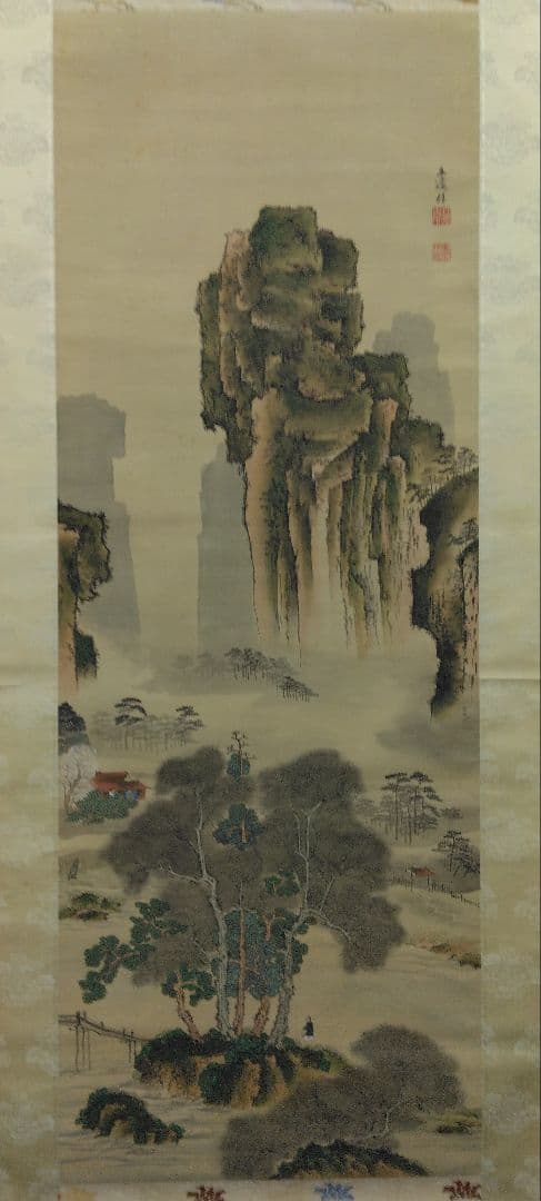 立原杏所【青緑山水図】絹本　掛軸・識箱／2重箱　(江戸時代・水戸藩士・徳川斉昭)