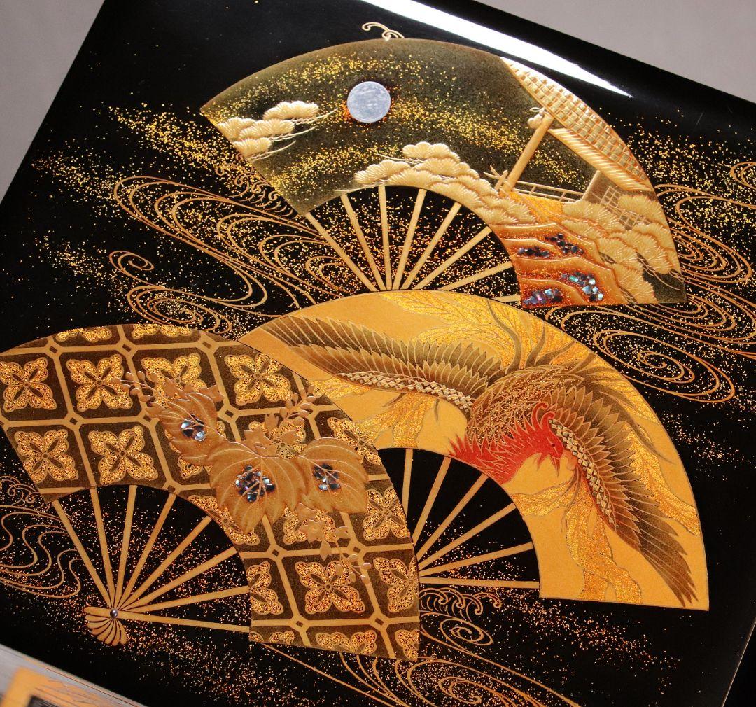 M667/輪島塗 桐鳳凰草花扇面金蒔絵 銀象嵌 螺鈿細工 黒塗内朱