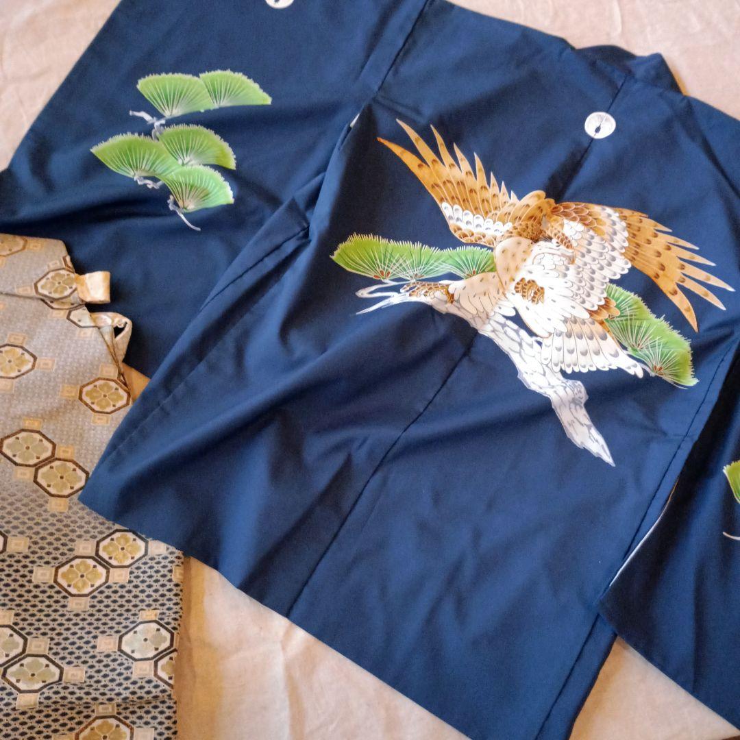 男の子　5歳　七五三　120㎝前後　ネイビー　青　 鶴と松の刺繍 和装