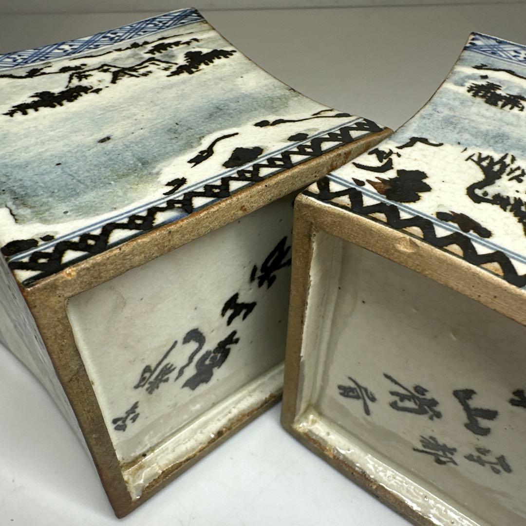 乾山作雪景山水火入一対木箱付幅約9㎝本Y7-0414☆1Fトトオカ