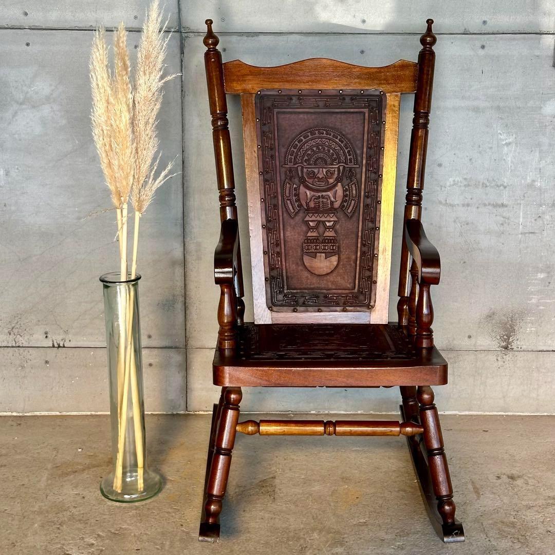 ✦ レトロ アンティーク調ロッキングチェア ✦ 木製×レザー 彫刻装飾