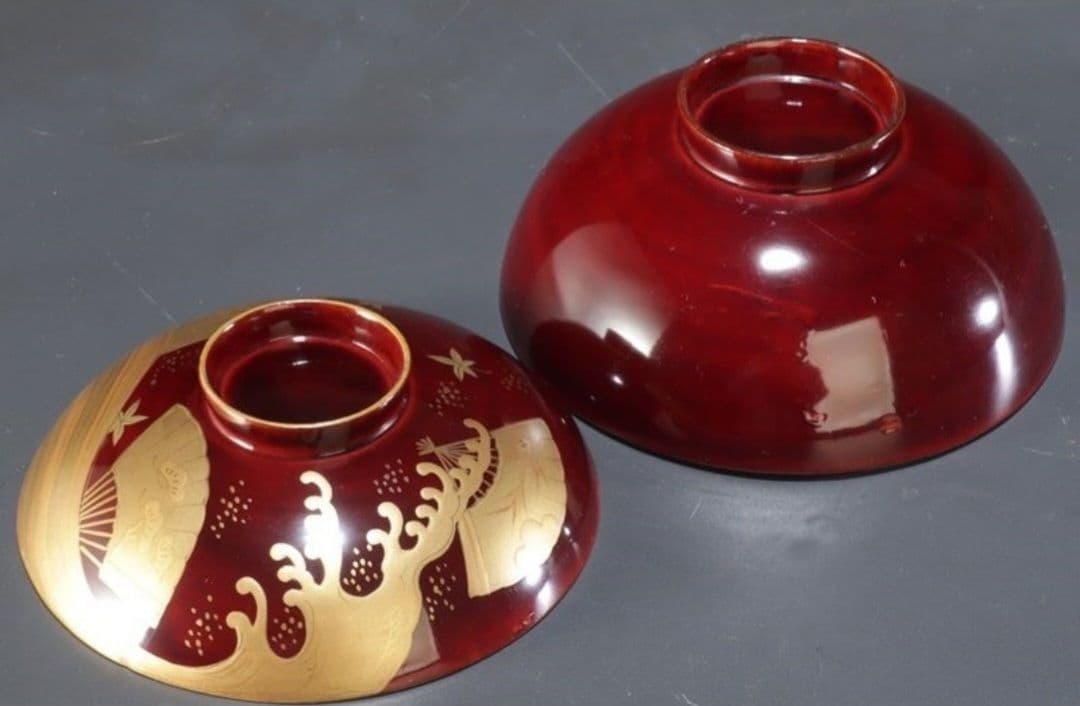 時代木製漆器　紅葉波に扇子見返し蒔絵　吸物椀　汁椀　懐石道具　6客揃　大正時代