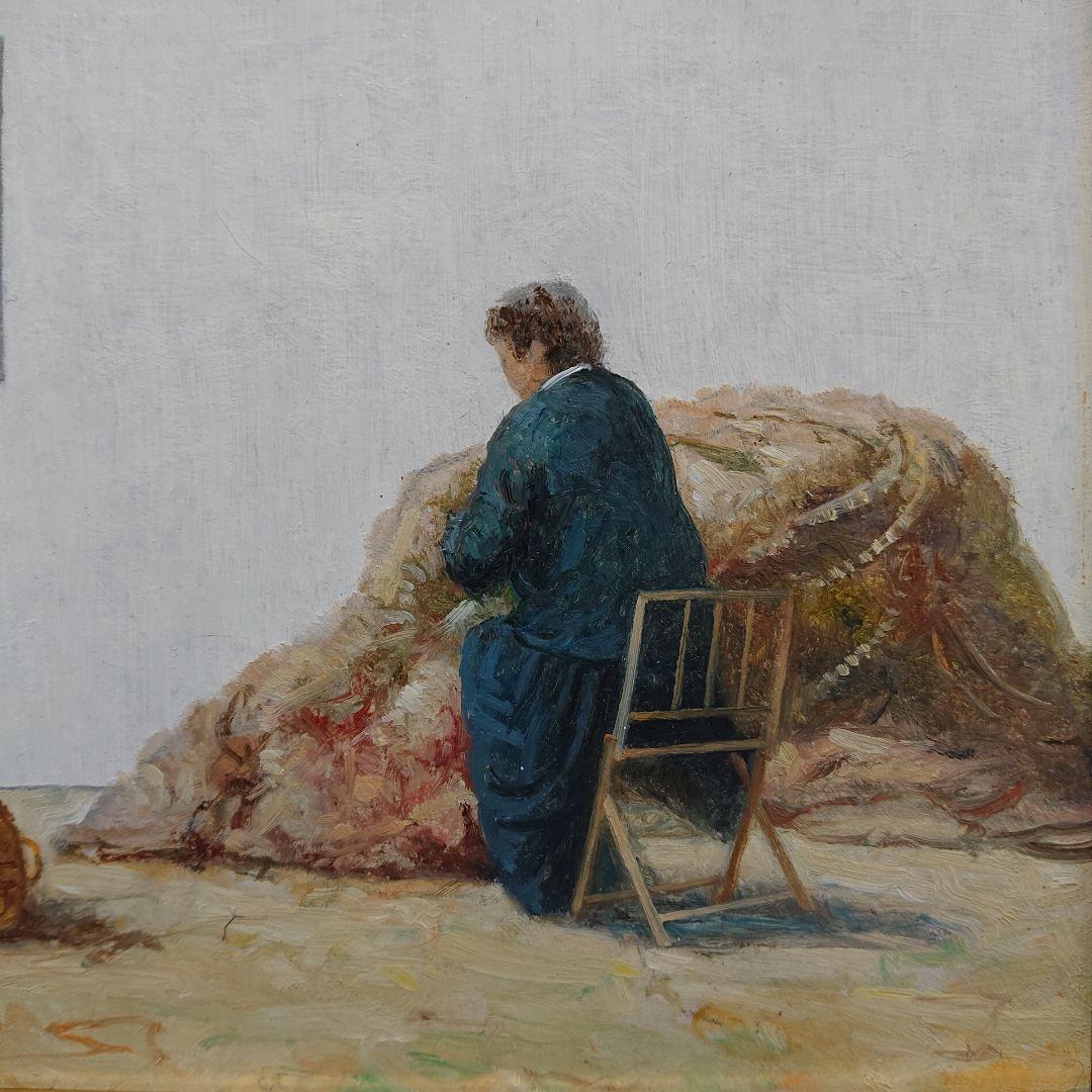 肉筆油彩絵画 アンティーク絵画 「刺繍をする女性 」 油絵