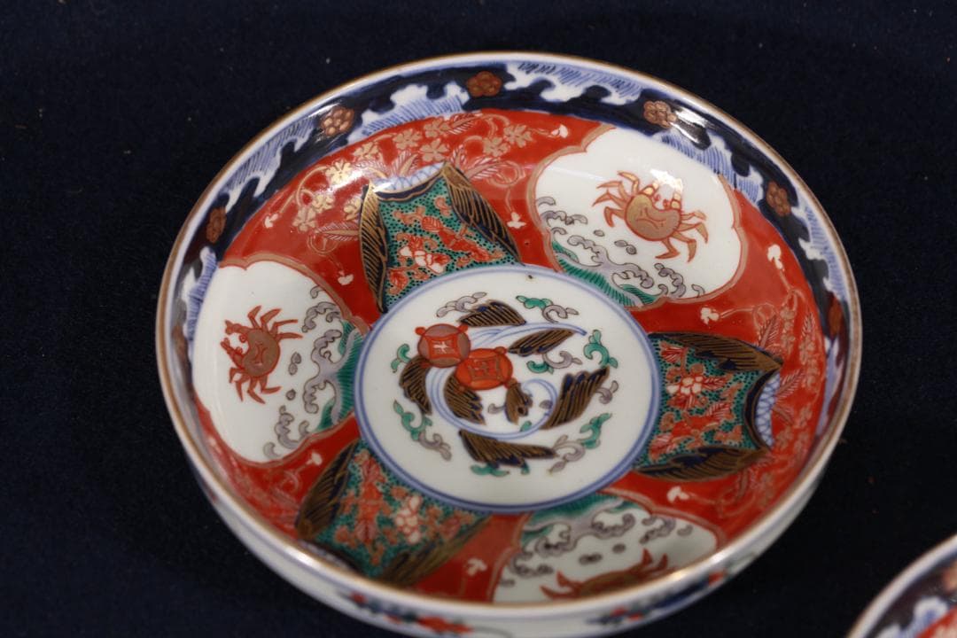 954 古伊万里色絵蟹図中皿5枚 無傷 幕末明治 （旬、希少性）