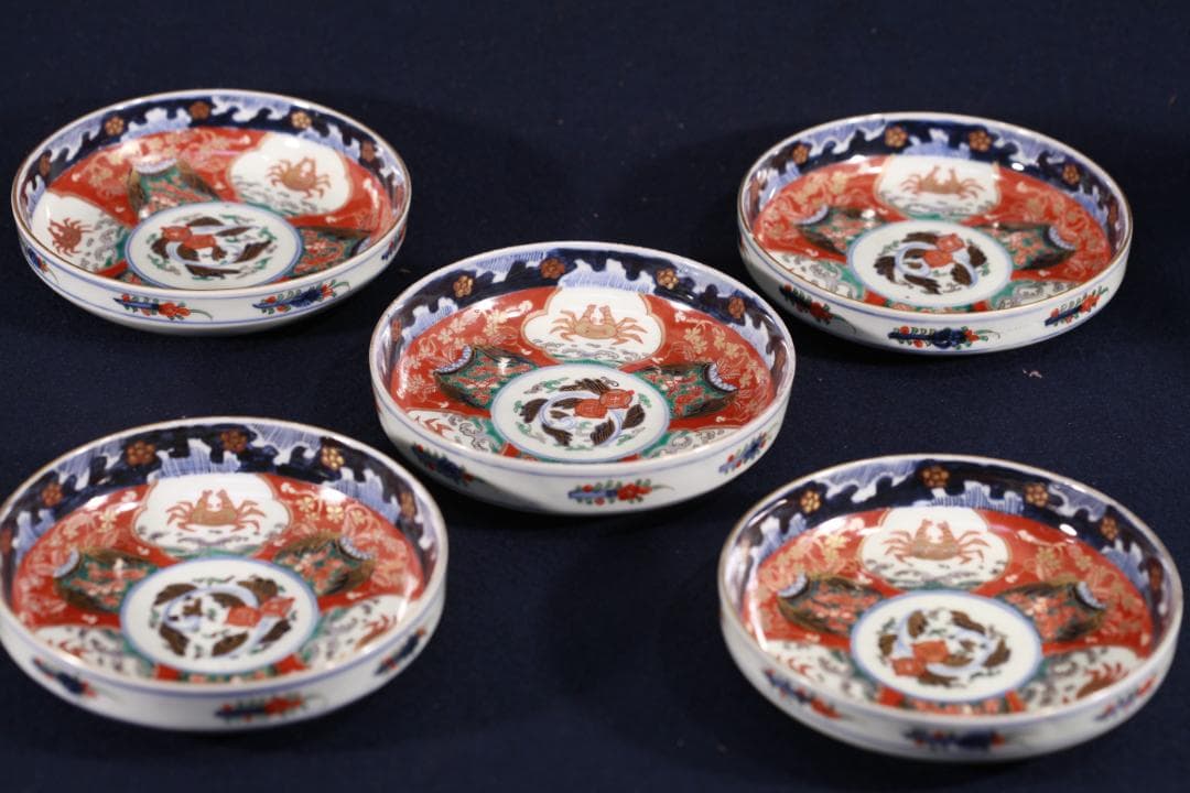954 古伊万里色絵蟹図中皿5枚 無傷 幕末明治 （旬、希少性）