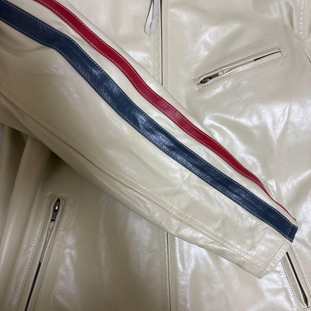 リューグーレザーズ 馬革シングルライダース アイボリー ストライプ M