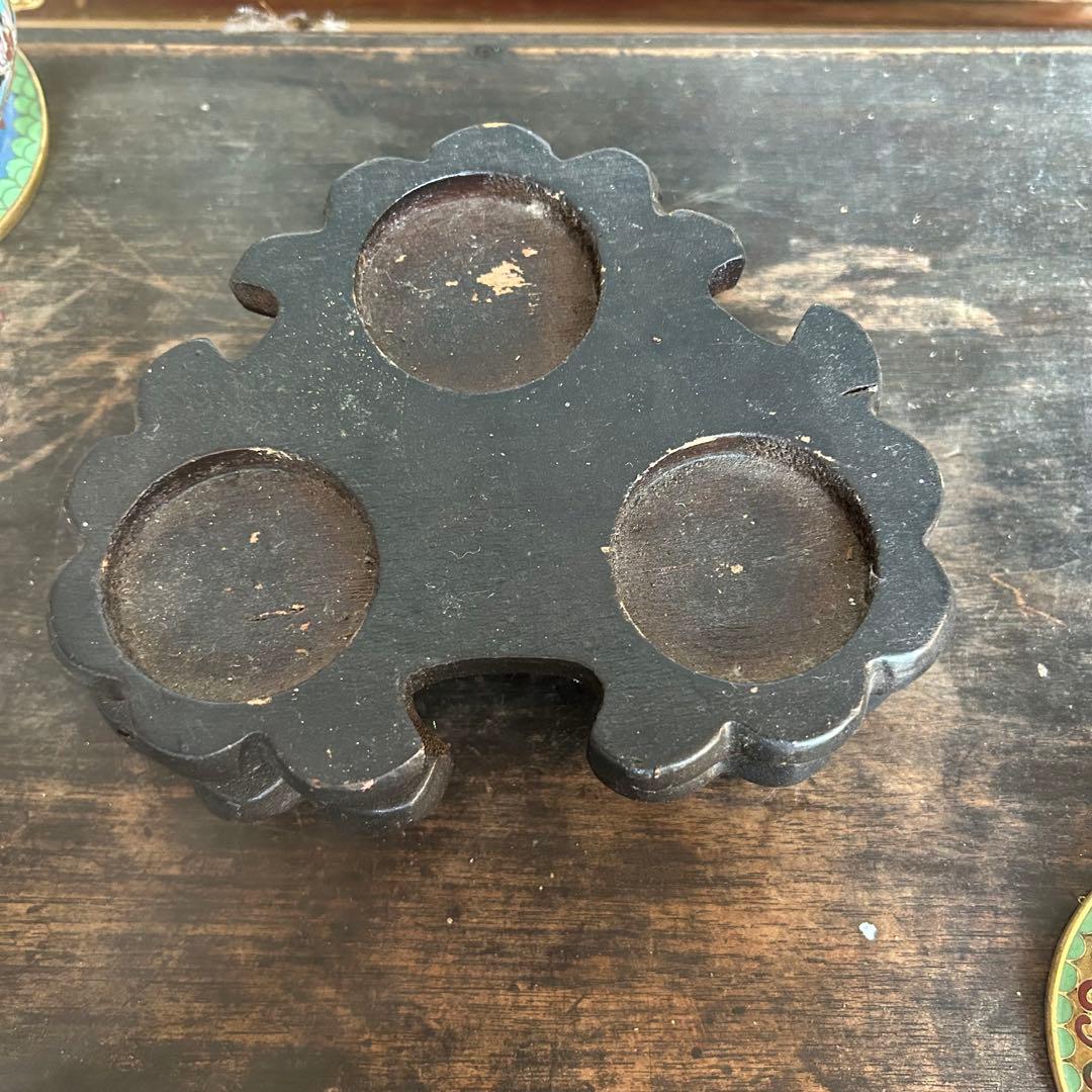 ヴィンテージ ◆ 《景泰藍》三つ脚七宝唐草香炉 輪耳 木製台座付き