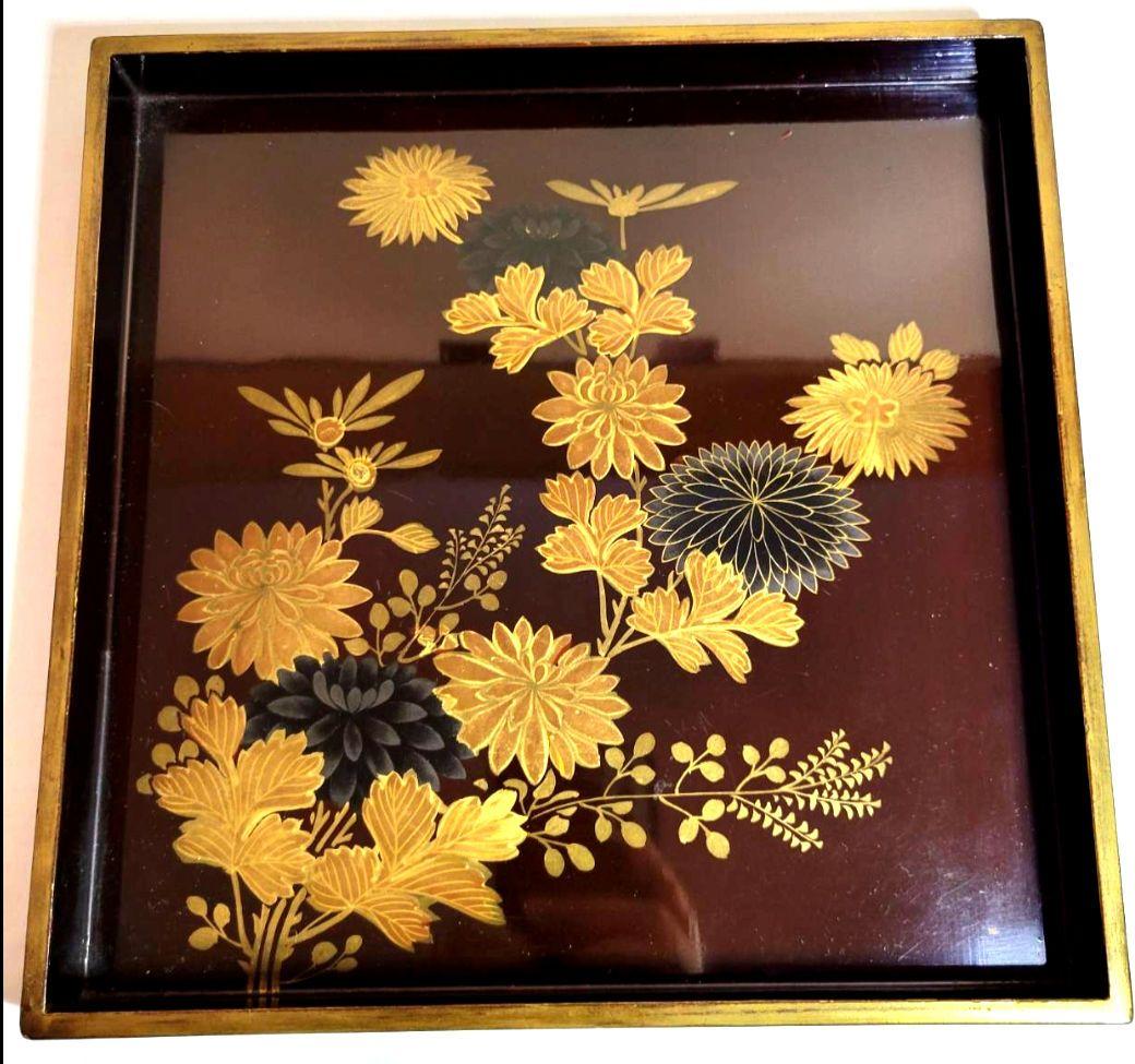 【最終価格】【時代物:文政】金蒔絵 草花文 角盆 2枚揃 共箱付　封書付