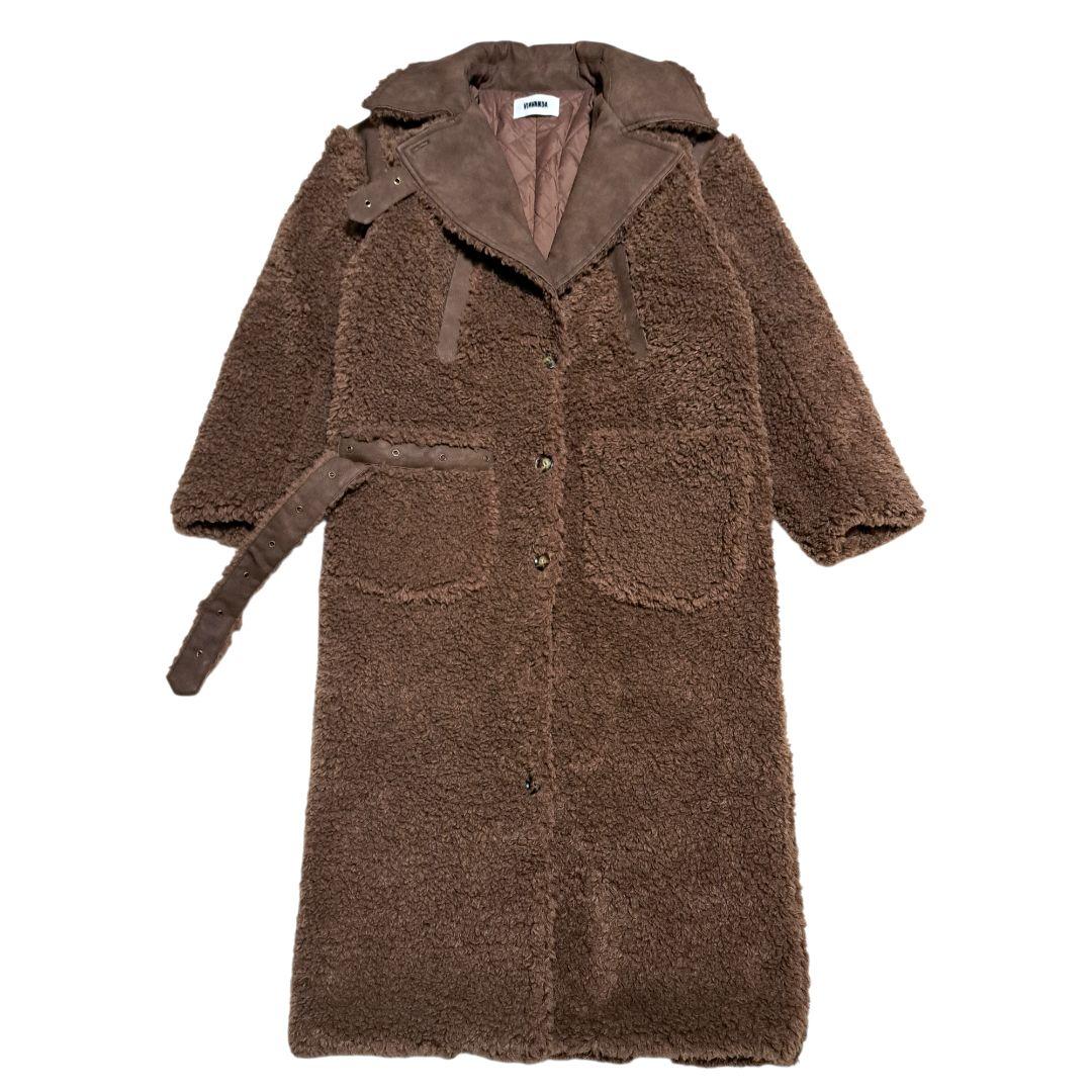 極美品 VIAVANDA ブラウン フリース ロングコート ウエストベルト付