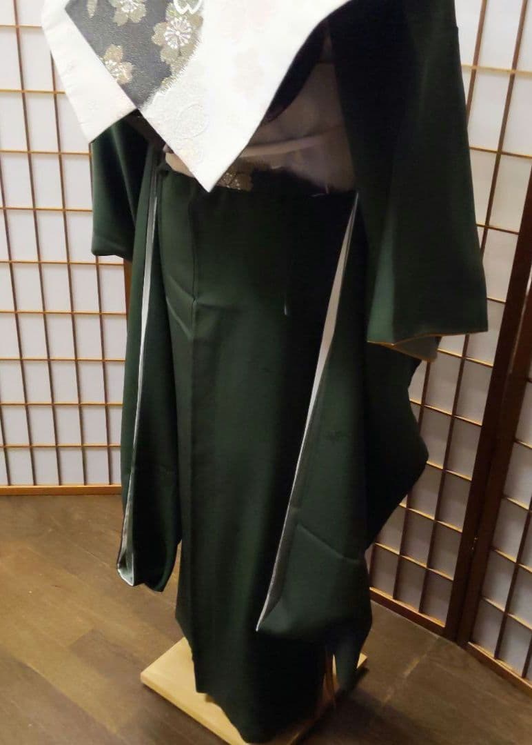 454シンプル モスグリーン【山本寛斎正絹振袖8点フルセット】成人式卒業式