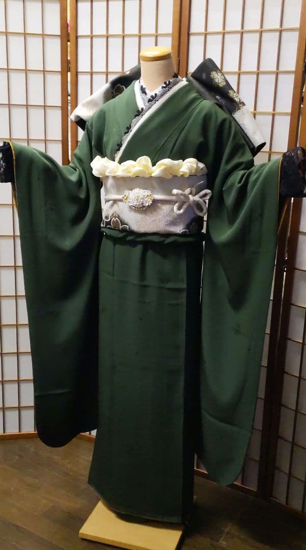 454シンプル モスグリーン【山本寛斎正絹振袖8点フルセット】成人式卒業式