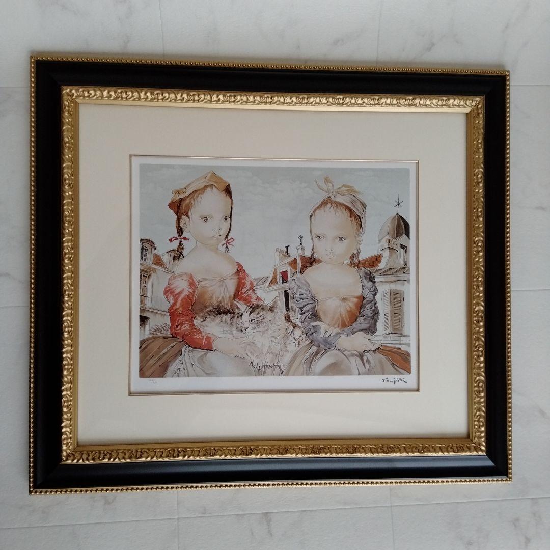 藤田嗣治Tsuguharu Foujita 猫を抱く少女 版画 額装#202-1 猫を抱いた