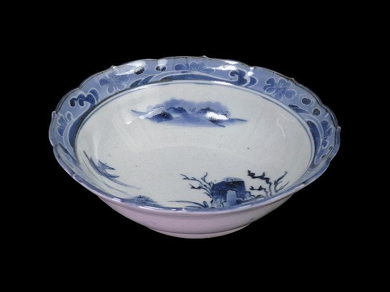 古伊万里 染付 墨弾 桜花に波 楼閣山水図 膾皿 5客