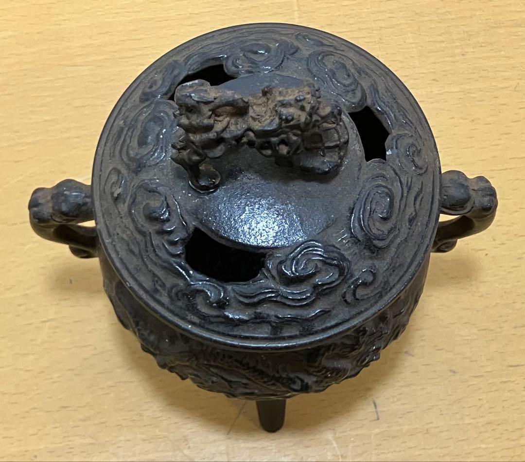 香炉】三脚獅子摘龍紋獣 耳香炉 香爐 香道具 古道具 高良】中国美術