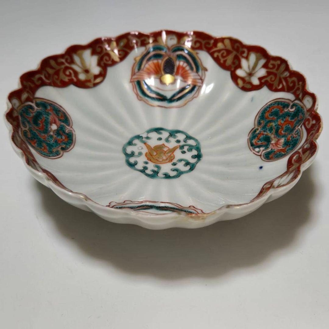 M-1259 古伊万里色絵　波兎とふくら雀紋様青磁　菊花皿