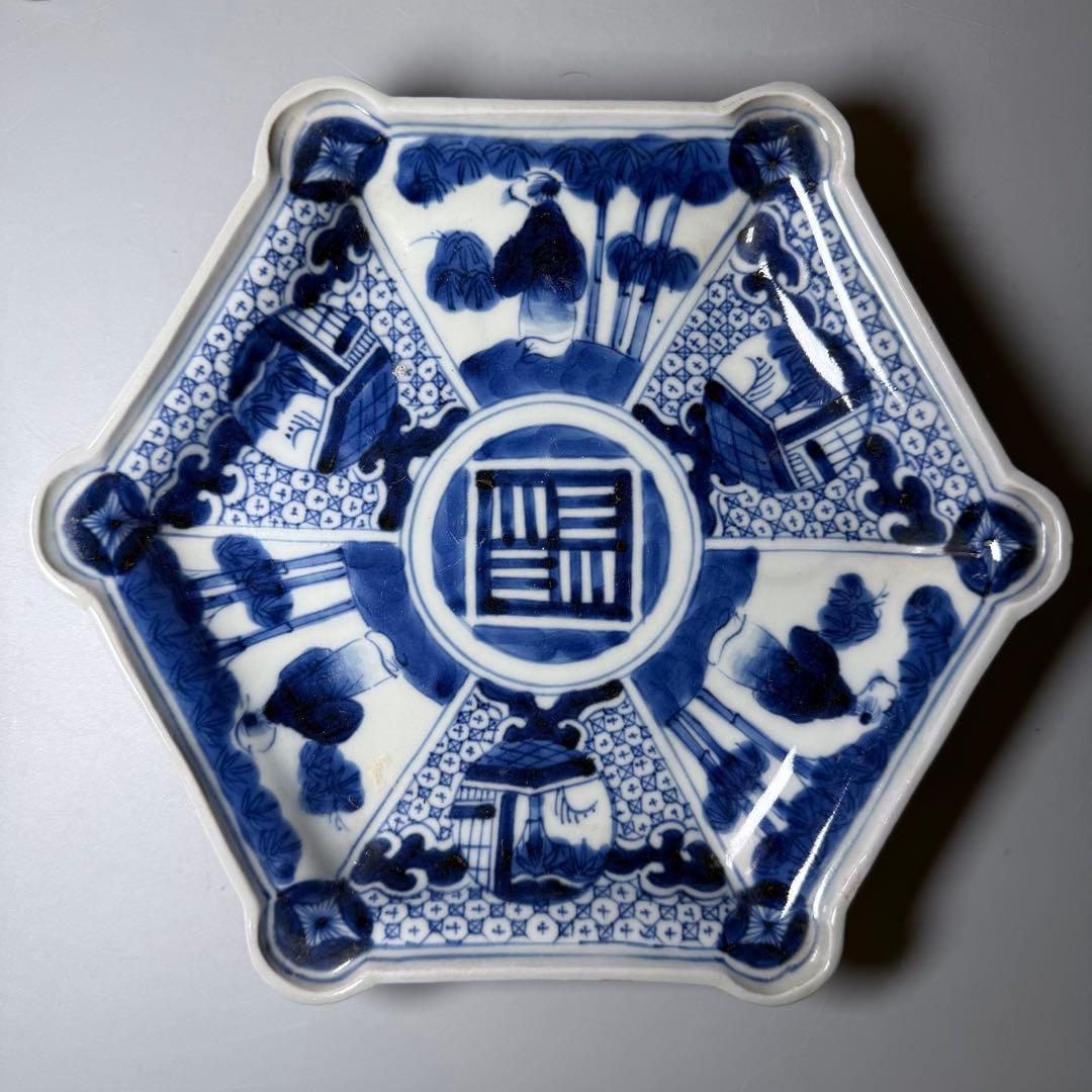 古伊万里 染付竹林賢人図六角皿 五枚 古美術 古陶を