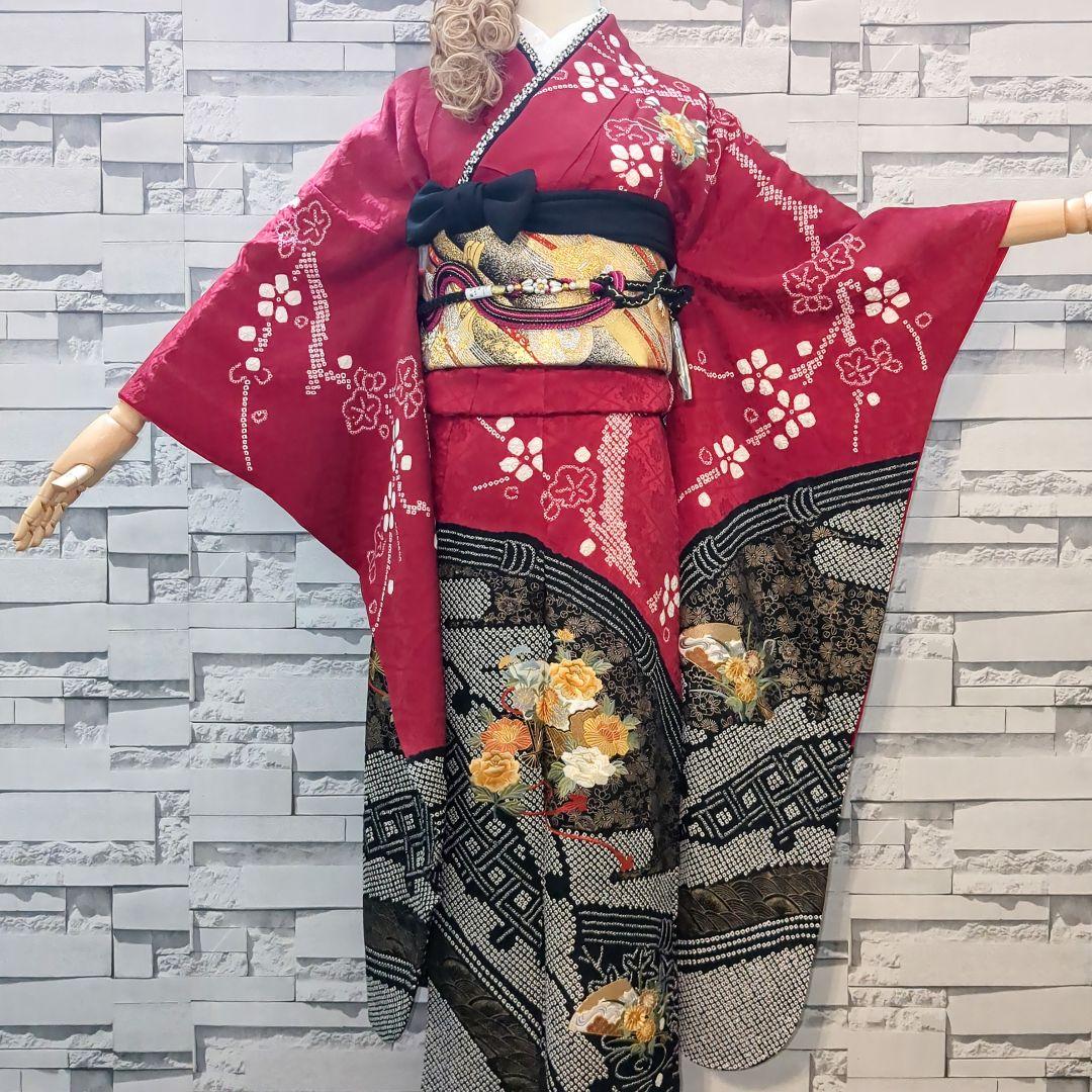 正絹振袖 絞り 駒刺繍 扇流水花文 金彩 振袖セット 振袖フルセット 赤黒