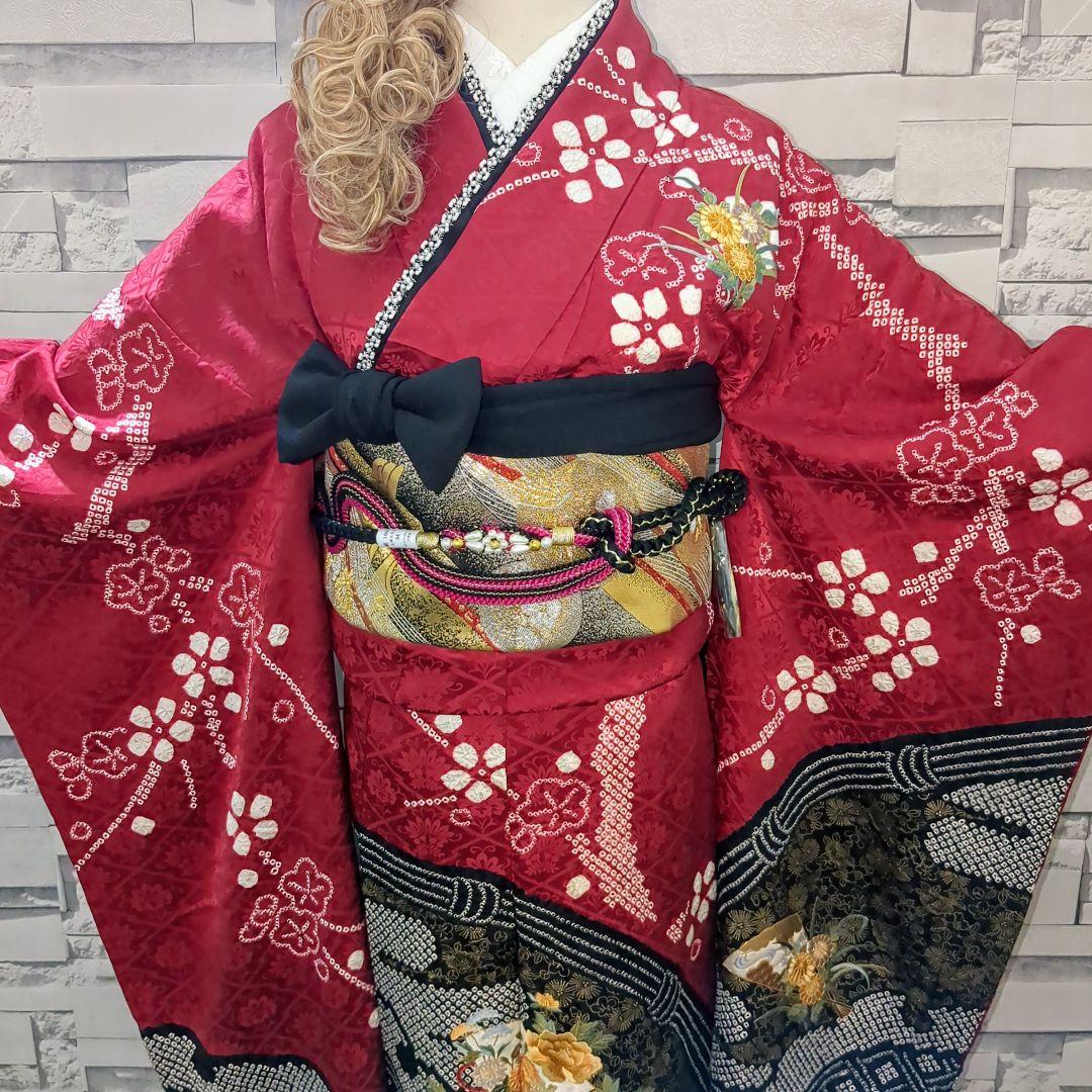 正絹振袖 絞り 駒刺繍 扇流水花文 金彩 振袖セット 振袖フルセット 赤黒