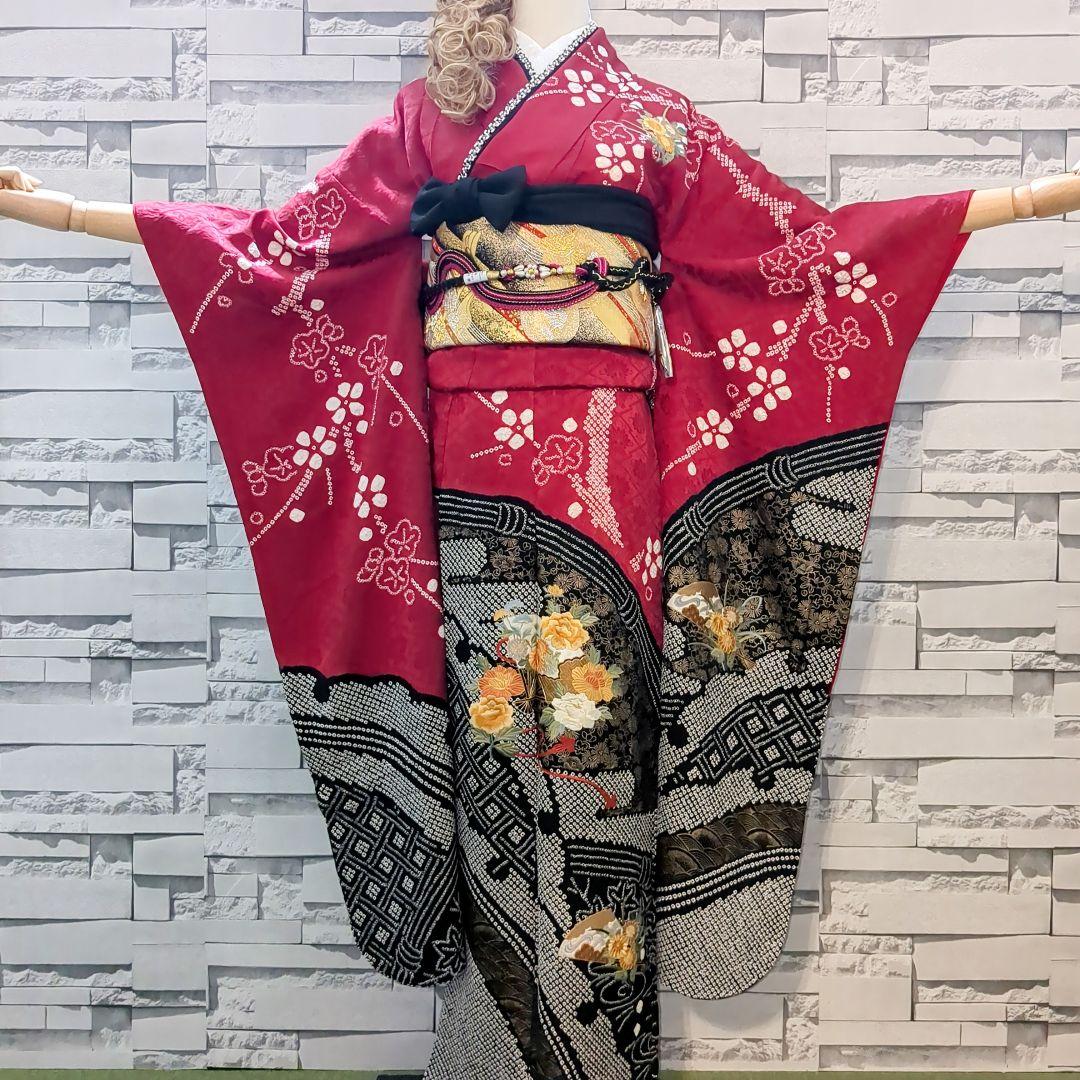 正絹振袖 絞り 駒刺繍 扇流水花文 金彩 振袖セット 振袖フルセット 赤黒