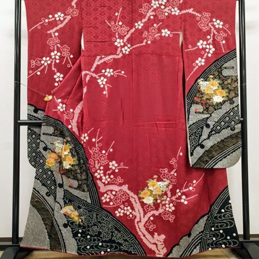 正絹振袖 絞り 駒刺繍 扇流水花文 金彩 振袖セット 振袖フルセット 赤黒