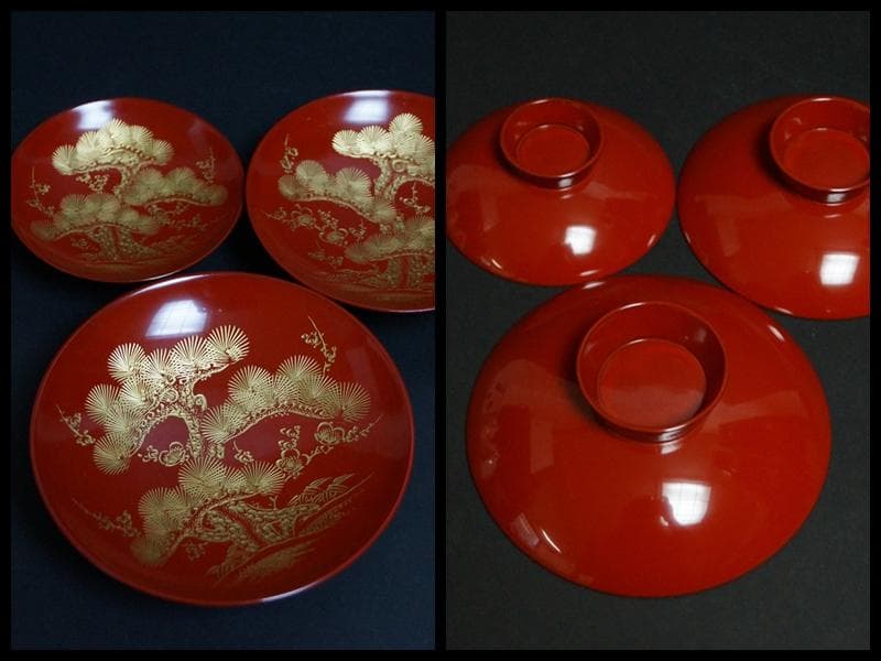 輪島塗 木製御屠蘇セット金蒔絵沈金『松竹梅鶴亀』銚子/杯(3客)/杯台 台共箱☆