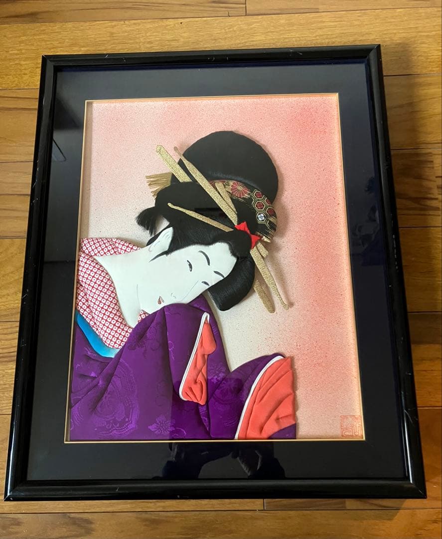 日本の伝統工芸品 】押絵 立体美人画 額装（紫の着物）芸妓 和風飾り