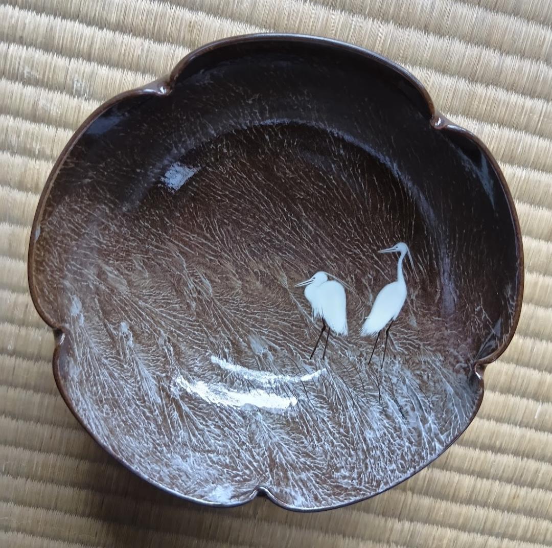 臥牛窯 十三代横石臥牛作 唄川菓子鉢 刷毛白鷺図 現川焼 木箱付き