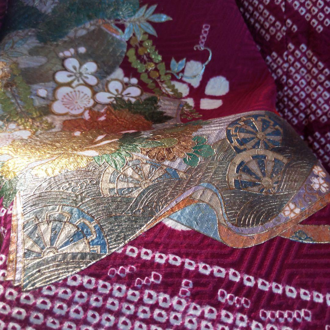 422桂由美 レトロポップ 絞り 赤 螺鈿落款 正絹振袖6点フルセット成人