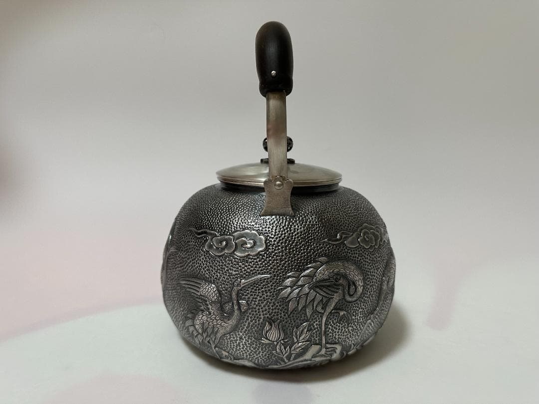極上純銀製 仙鶴雲花文様 高工芸 湯沸 銀瓶 煎茶道具 重量1521g