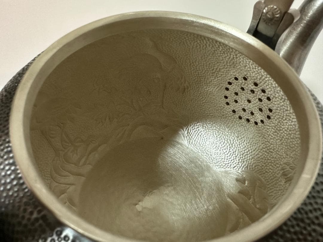 極上純銀製 仙鶴雲花文様 高工芸 湯沸 銀瓶 煎茶道具 重量1521g