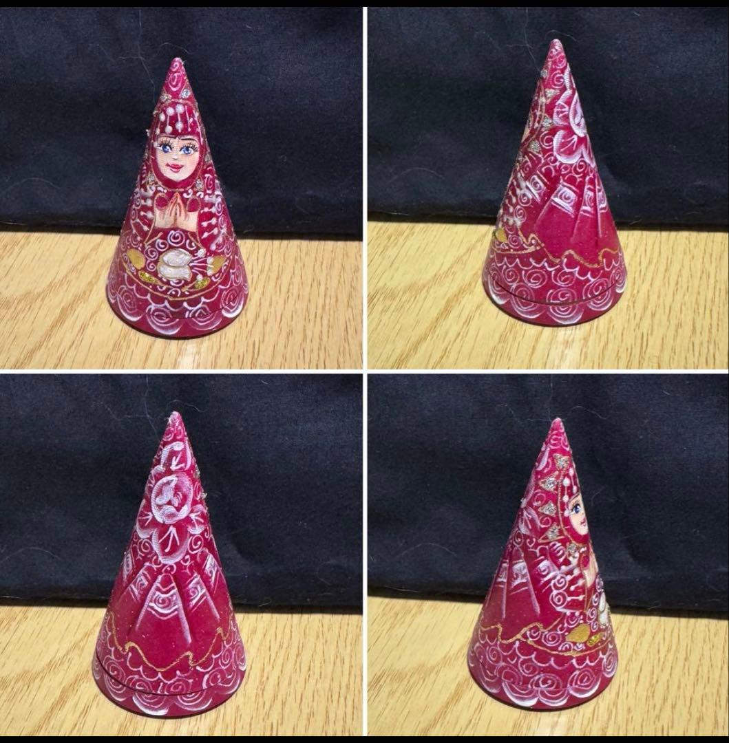 ロシア アーティスト えんじ色三角マトリョーシカ 5体、長期保存、現状