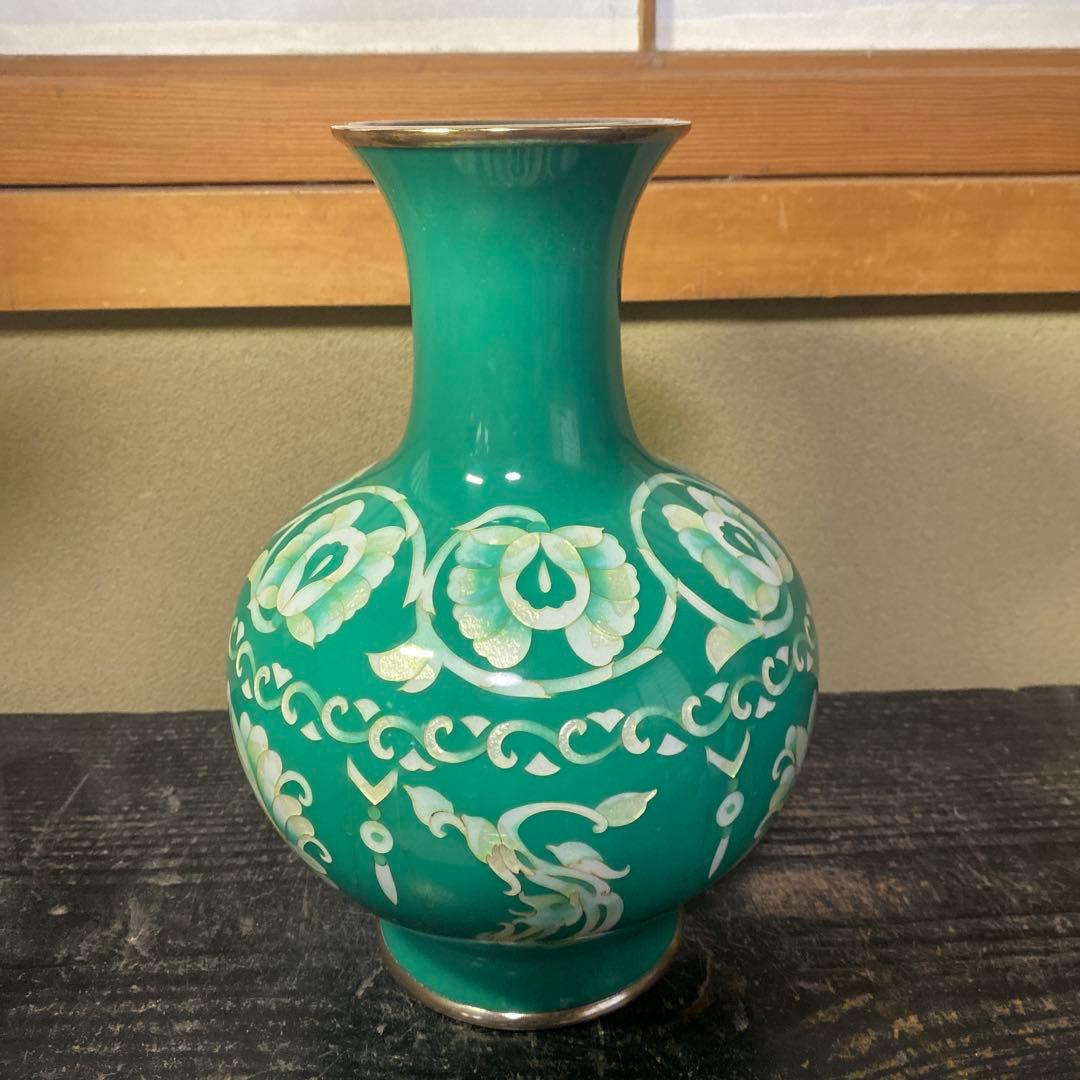 古玩 翡翠色七宝花瓶 26cm16cm