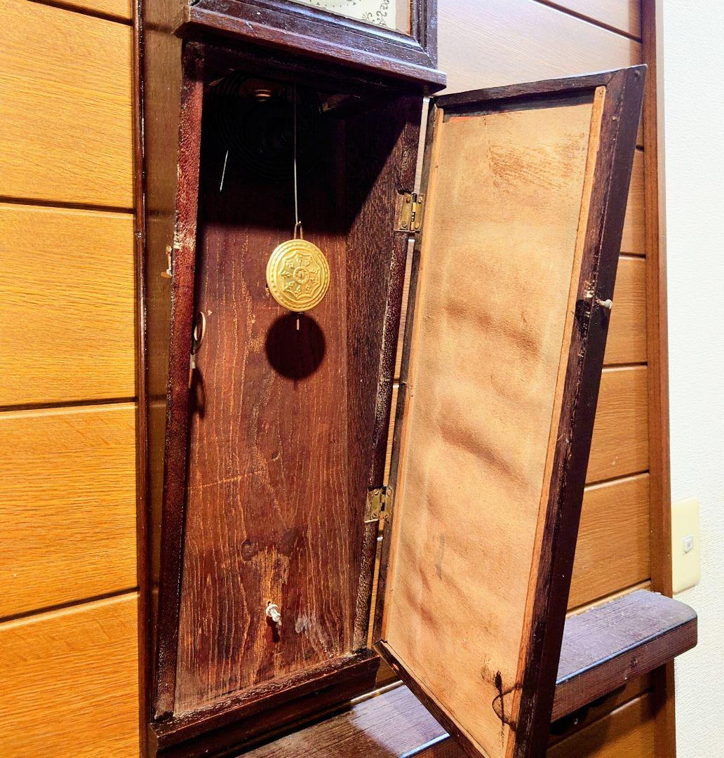 〈完動美品〉珍品　英工舎LIGHT印　鏡付き傾斜型ゼンマイ振り子掛け時計　古時計