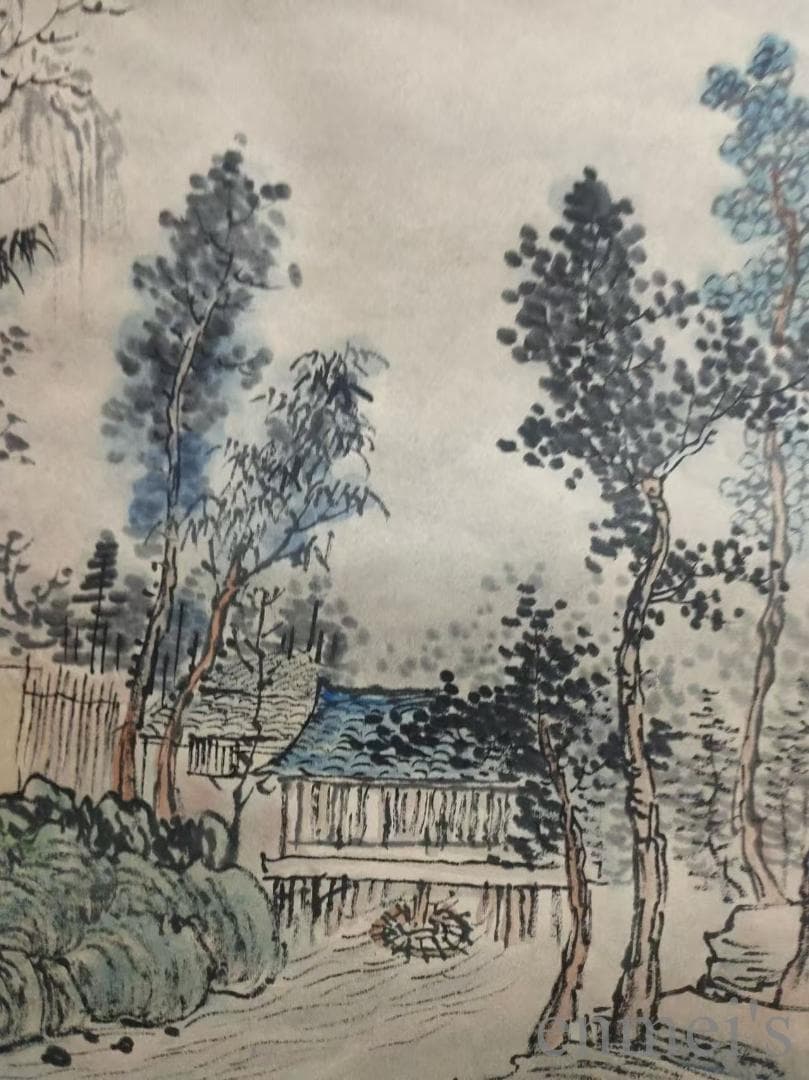 中国古美術.清時代.王原祁款.山水図.宣紙画.三尺手描き.水墨画.掛軸