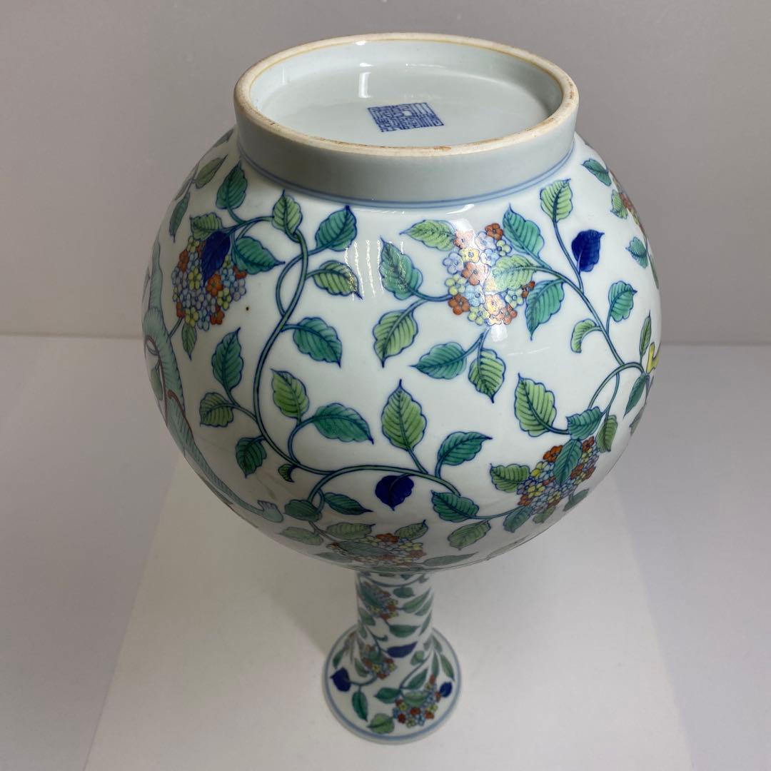 マンボウさん専用大清乾隆年粉彩龍に紫陽花図花瓶高さ37.5㎝　東Y7-0210④