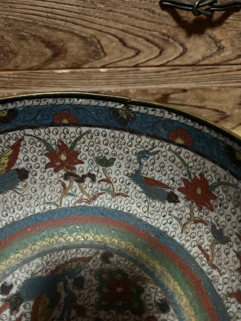 中国　明時代　花鳥文七宝　銅製　鉢　水指