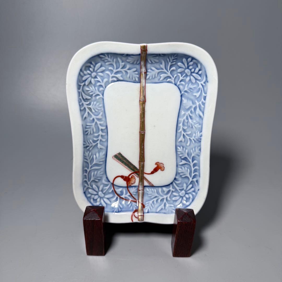 明治時代 有田焼 岩松平吾 色絵軍配形皿 五枚 角岩印 陽刻 珍品