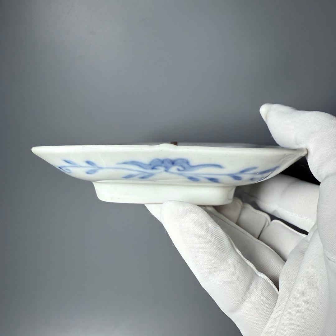 明治時代 有田焼 岩松平吾 色絵軍配形皿 五枚 角岩印 陽刻 珍品