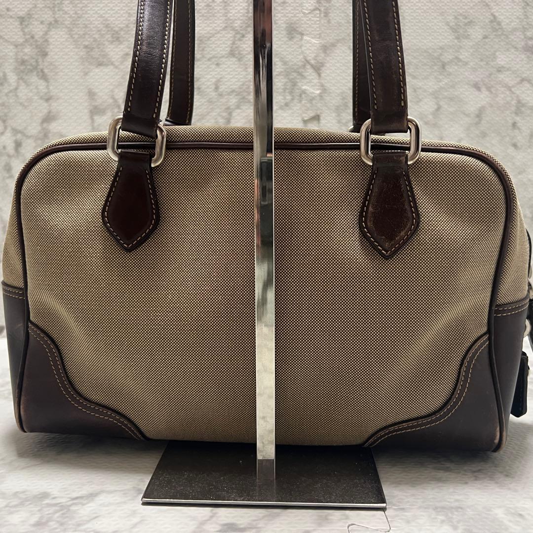 プラダ ロゴジャガード ミニボストン ハンドバッグ キャンバス レザー ベージュ