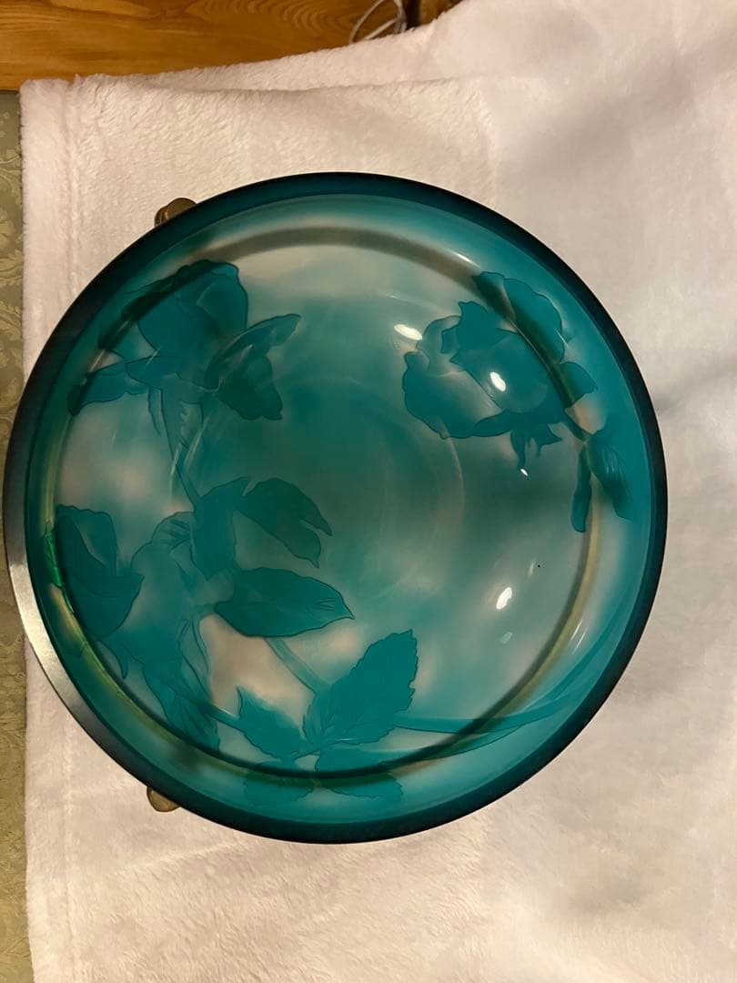 青色ガラスボウル 金属スタンド付き