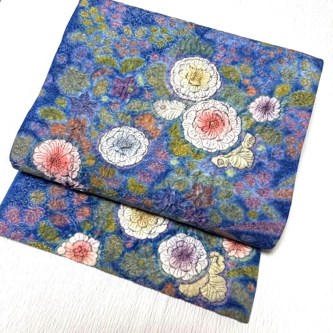 超美品】 辻が花 袋帯 ブルー 正絹 セミフォーマル迄どうぞ♪ - メルカリ