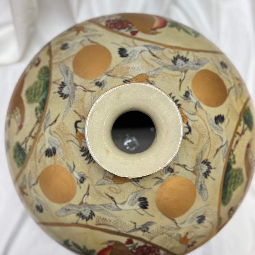 薩摩焼金襴飾壺 栄盛窯 瀧山作 金襴手花鳥 金彩 盛上 特大