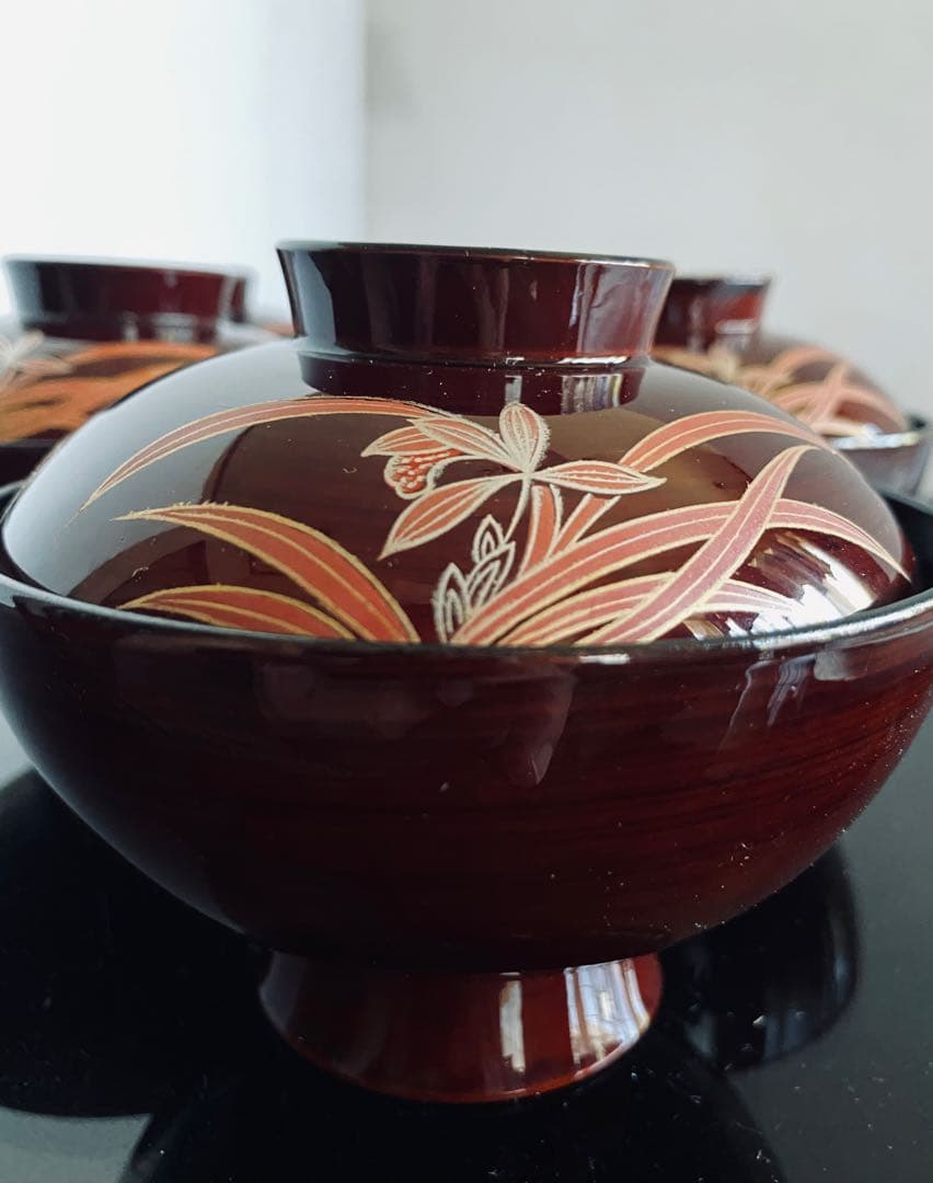 未使用◇特選漆器 蓋付 御吸椀揃 会津塗 竹峯 春慶 新 ラン 天然木五客