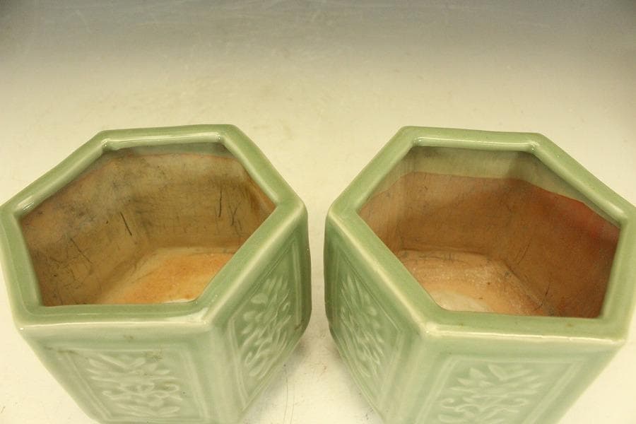 茶道具 六角 青磁 火入 煙草盆 一対 江戸末期-明治(A258)の通販はau