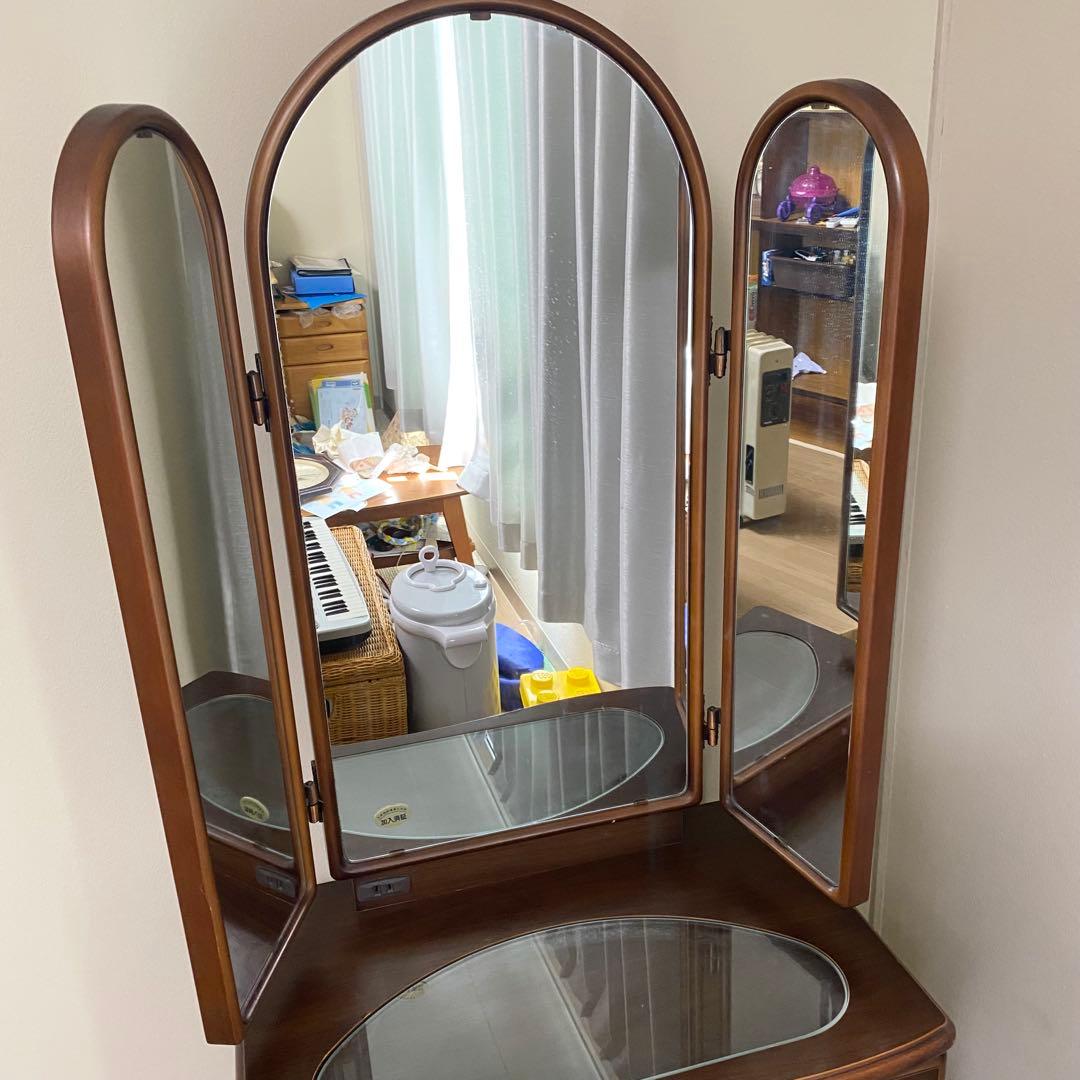 三面鏡 天然木 ドレッサー オーク レトロ 板ガラス コンセント付き