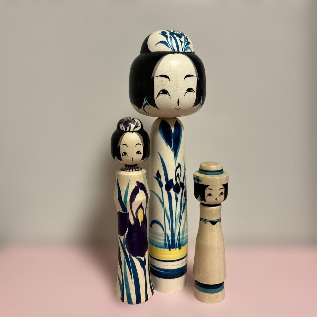 伝統的な木製こけし人形3体セット インディゴ 佐藤康広工人 佐藤康広