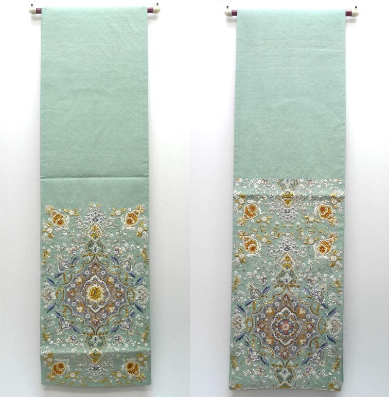 A13 美品 袋帯 唐織蝶花 グリーン 金通 逸品 A13 美品 袋帯 唐織